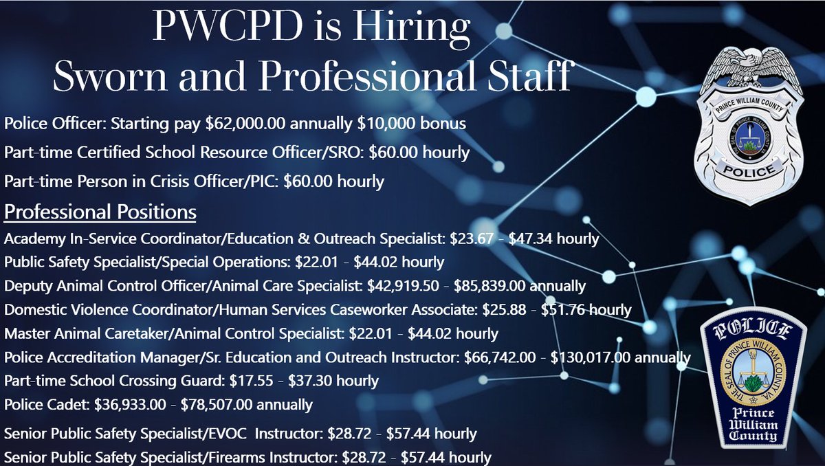 Prince William County Police Department on Twitter: "#PWCPD IS HIRING  Police Officers &amp; Professional Staff. We are also sharing that Prince  William County #Community Services is looking for a #MentalHealth health  therapist