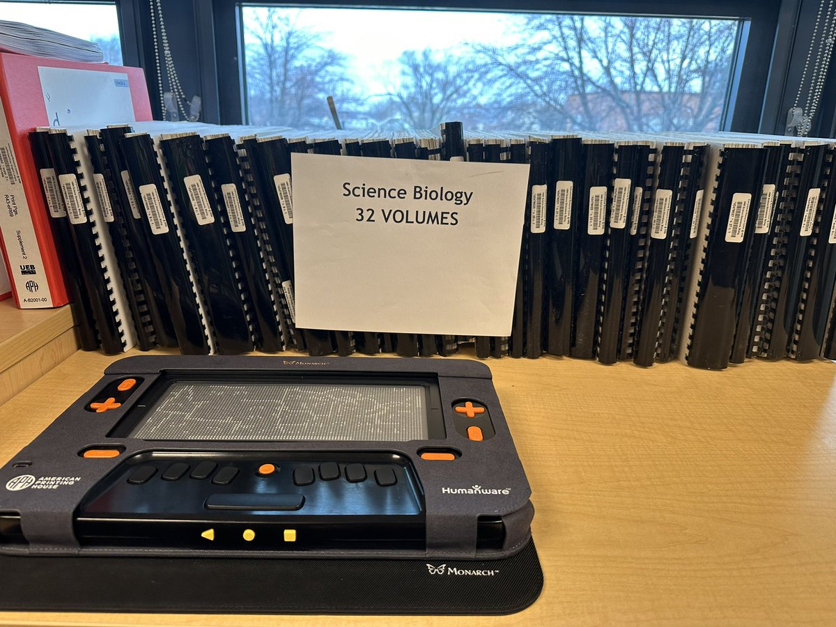 writeofpeace's tweet image. Had a great Monarch meeting @msb1853 today- impactful display of one semester of braille books - for one student. In the future that student will have all those volumes on a Monarch instead.