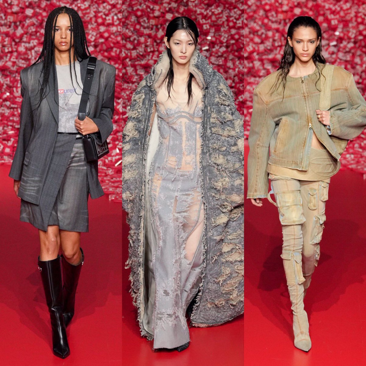 saintdoII's tweet photo. diesel fall-winter 2023 rtw is by far my favorite collection by glenn martens at the house. a fabric manipulation masterclass with his use of denim on top of the signature trompe l’oeil looks everything is perfect https://t.co/rR0TbawjGR
