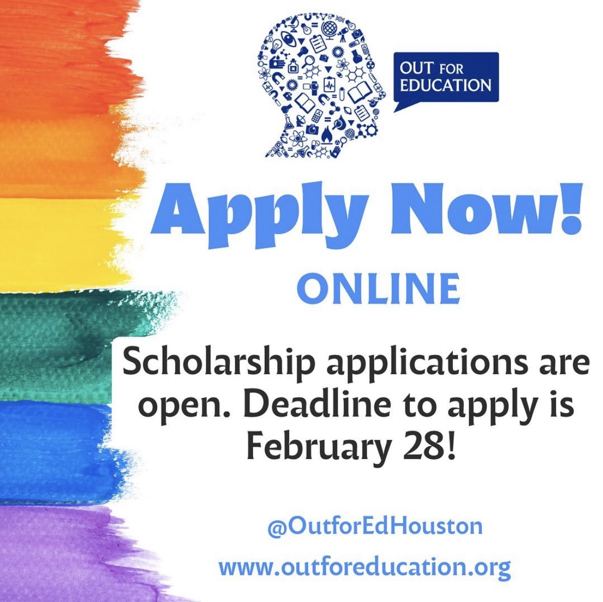 OutForEdHouston's tweet photo. ⏰ ‼️ Six days left to apply! We’ll be deactivating the app after the deadline, so be sure to submit today!  
#Scholarships #LGBTQ #collegescholarships https://t.co/AplEW6t5kt