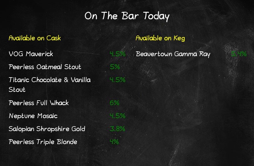 On the bar today!
Beer Board: bit.ly/2Npxu9L

<a href="/vogbrewery/">VOG Brewery</a> @peerlessbrewing <a href="/TitanicBrewers/">Titanic Brewery</a> <a href="/neptunebrewery/">Neptune Brewery</a> <a href="/SalopianBrewery/">Salopian Brewery</a> <a href="/BeavertownBeer/">Beavertown Brewery</a> <a href="/SPortWLancCAMRA/">Southport & West Lancs CAMRA</a>
#RealAleFinder