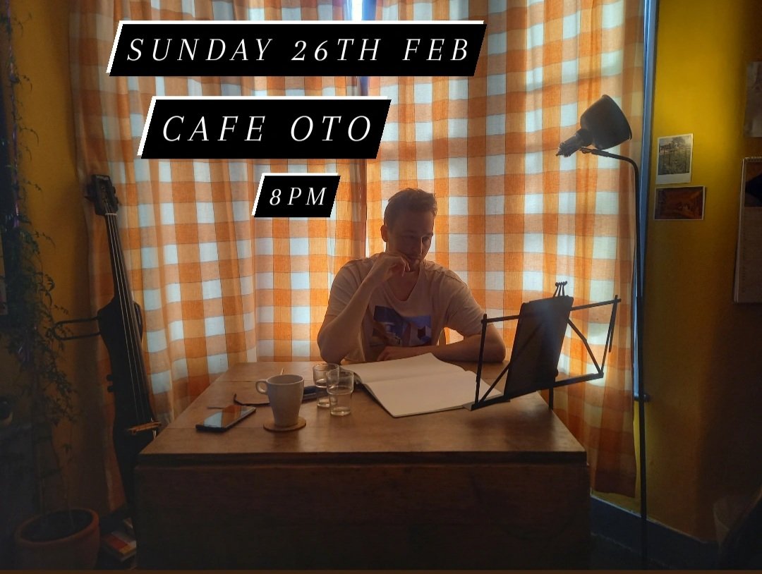 Dan deep in thought 💛 during rehearsals for Jonah Haven's intimate, intricate piece, 'was'

He'll be playing various objects inc chopsticks and a Leuchtturm notebook🥢📖 - joined by Linda with violin and prepared bow, and Alice singing

Join us! Sunday 26th Feb, <a href="/Cafeoto/">Cafe OTO</a>, 8pm