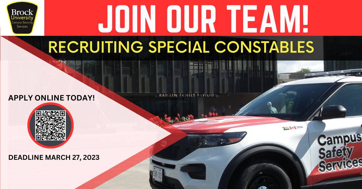 BrockUSafety's tweet photo. @BrockUniversity  Campus Safety Services is hiring 5 Special Constables! Apply now! https://t.co/xN1sz8aGVm https://t.co/lcHW1sKr0c