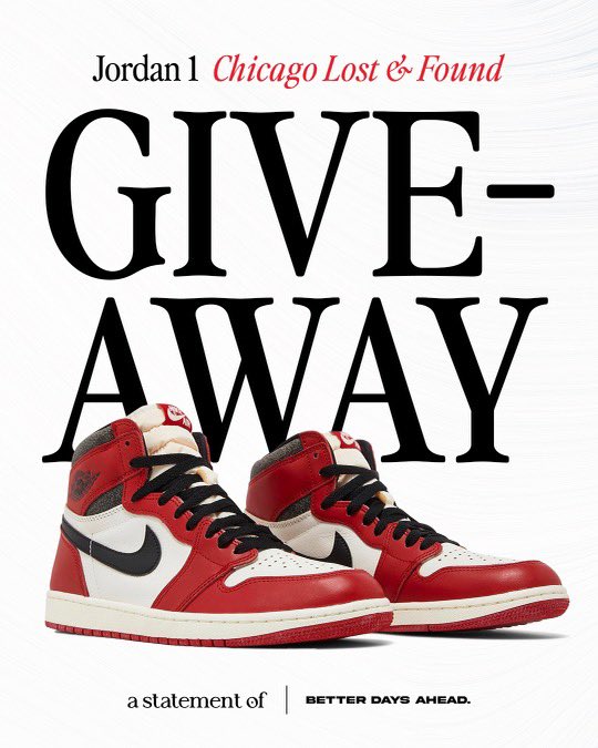 betterdaysahead's tweet image. JORDAN 1 ‘CHICAGO LOST &amp;amp; FOUND’ GIVEAWAY 

TO ENTER:
-Follow @betterdaysahead &amp;amp; @astatementof
-Like &amp;amp; RT
-Tag 2 Friends

Winner will be chosen on 3/1/23