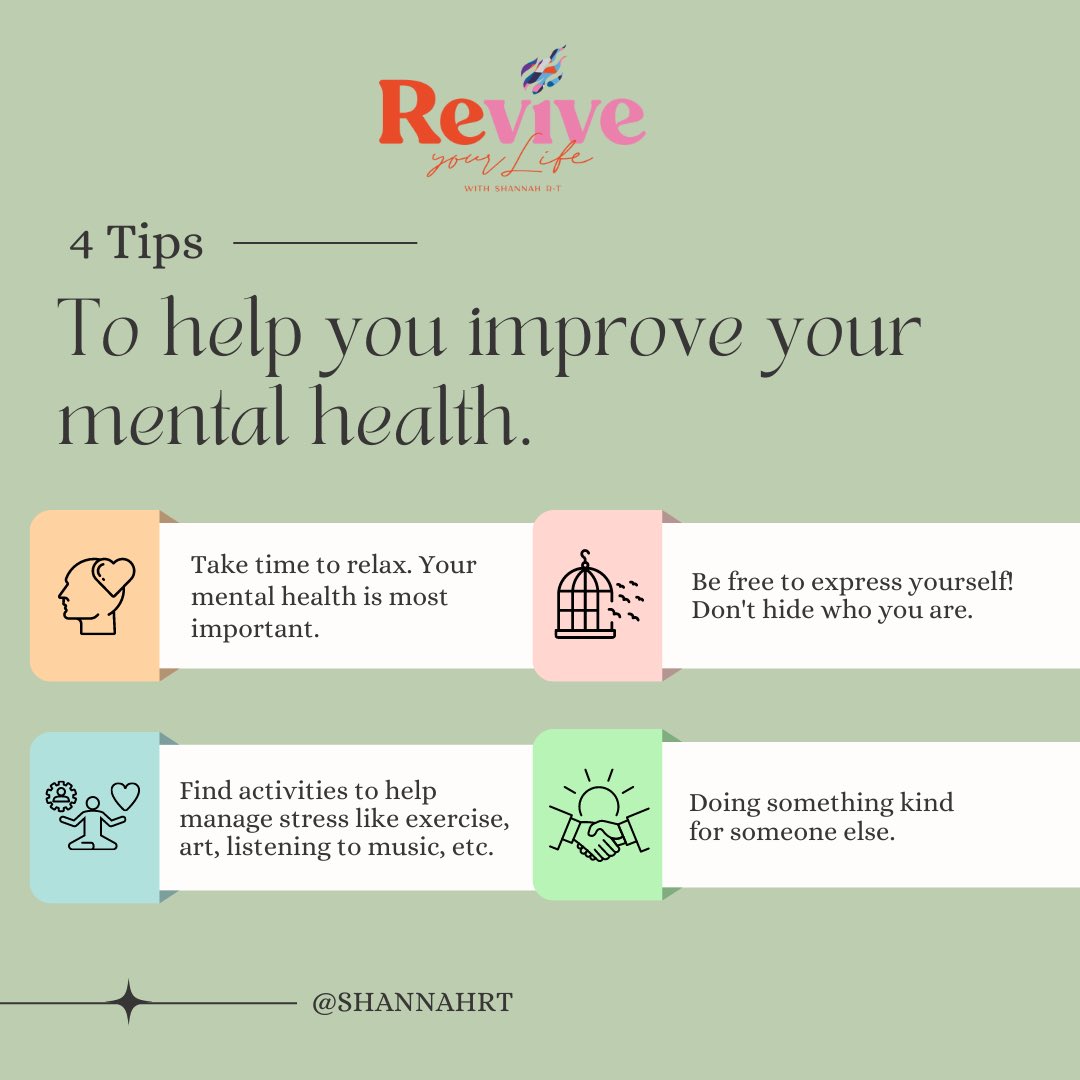 ShannahRT's tweet image. Here are 4 tips that you can do daily to improve your mental health. They are simple yet effective! 😊

#ShannahRT #ReviveYourLife #RYL #Mentalhealth #mentalhealthawareness #healthyliving #exercise #improveyourhealth #bekind #bekindtoyourself