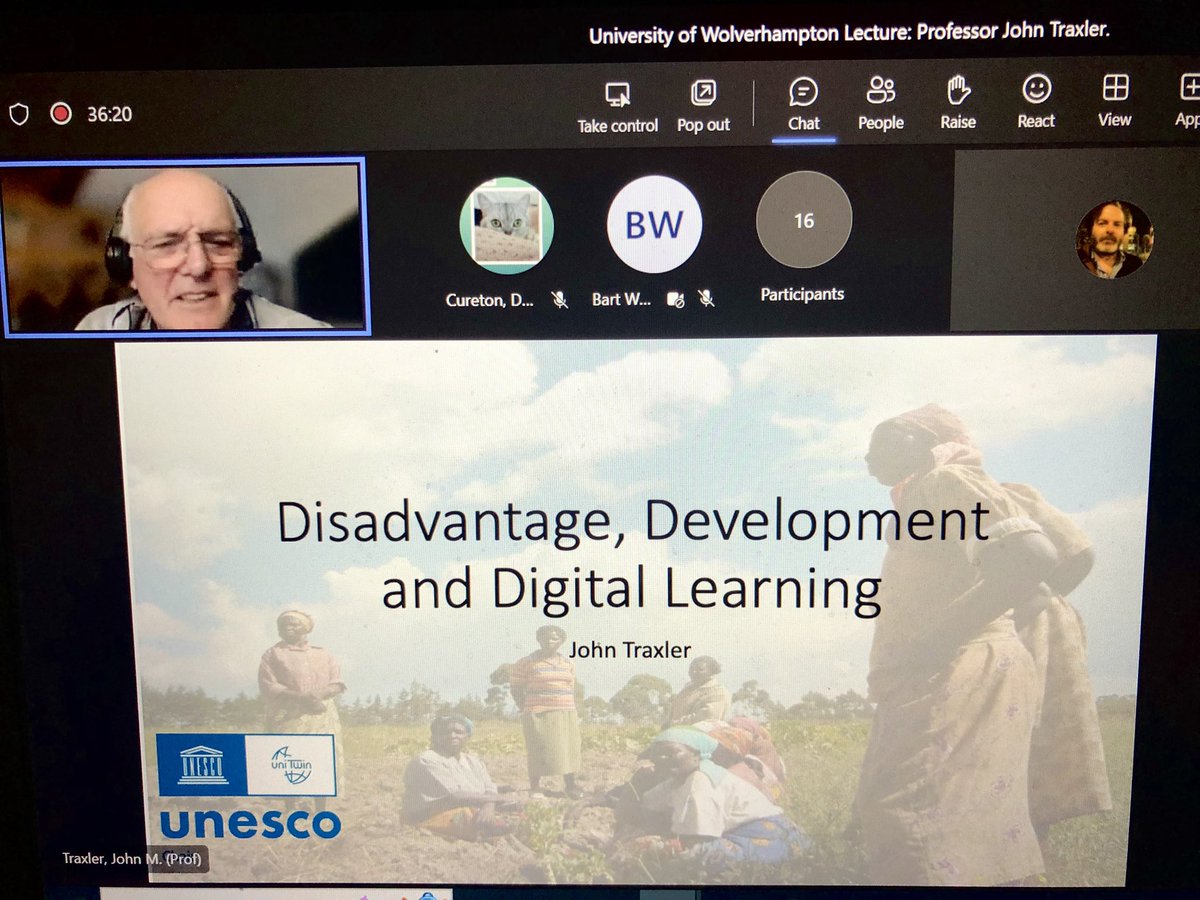 Prof <a href="/johntraxler/">John Traxler</a> welcomes attendees from Australia, Africa, Canada, Palestine, Holland and Sweden for his lecture this evening, hosted by <a href="/WLV_DoctoralCol/">The Doctoral College</a> <a href="/wlv_uni/">University of Wolverhampton</a> -- his opening question: "what might constitute decolonising education technology?"