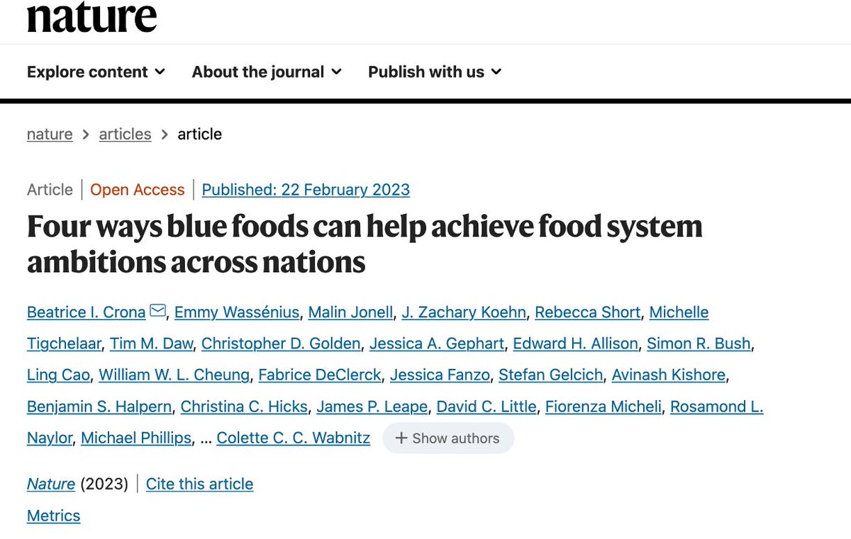 New paper from the @BlueFoodFutures
 published in Nature today! We use @BlueFoodFutures
 data to uncover the four key roles aquatic foods can play in improving national food systems (1/3) 
@sthlmresilience @oceansolutions @FoodSecurity_SU @EATforum