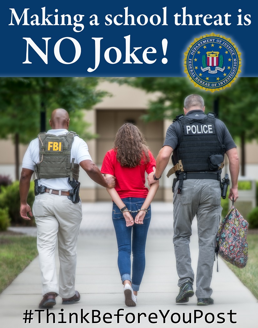 Hoax threats are no joke! Whether it's over social media, via text message, or through an e-mail making a hoax threat against a school or other public place is a federal crime. #ThinkBeforeYouPost