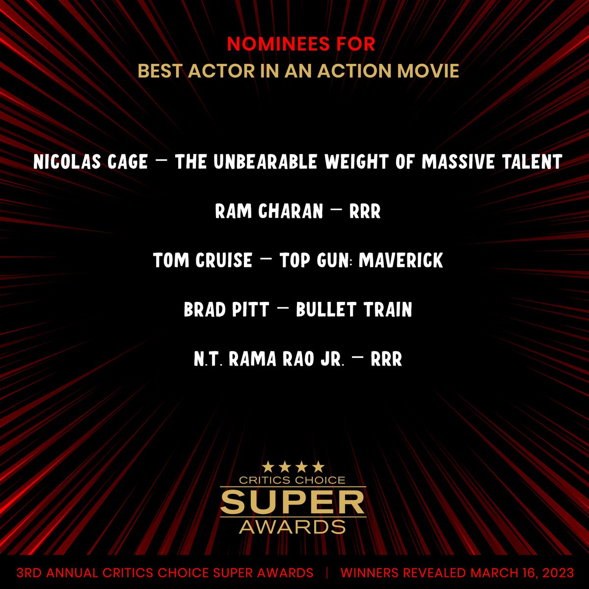 #RamCharan nominated for #CriticsChoice BEST ACTOR IN AN ACTION MOVIE 💥👍

#SuperAwards winners will be announced on March 16.