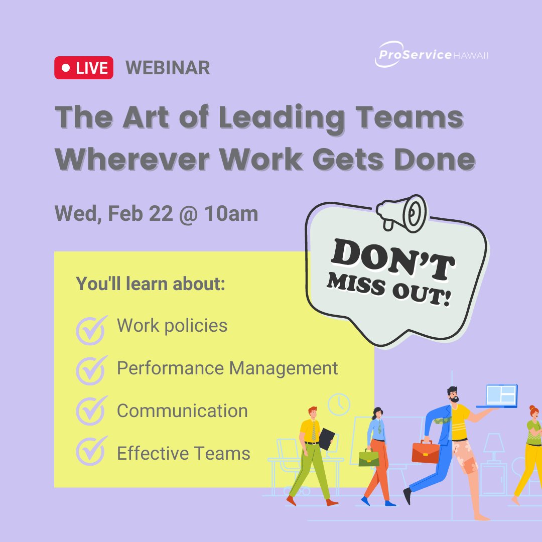 ProServiceHI's tweet image. It's not too late to join us this morning! Hear how business leaders navigate different work policies along the hybrid work spectrum. It's happening at 10:00am HST! hubs.la/Q01D6PMj0

#ProServiceHawaii #HawaiiBusiness #HybridWork #RemoteWork #WorkplaceFlexibility