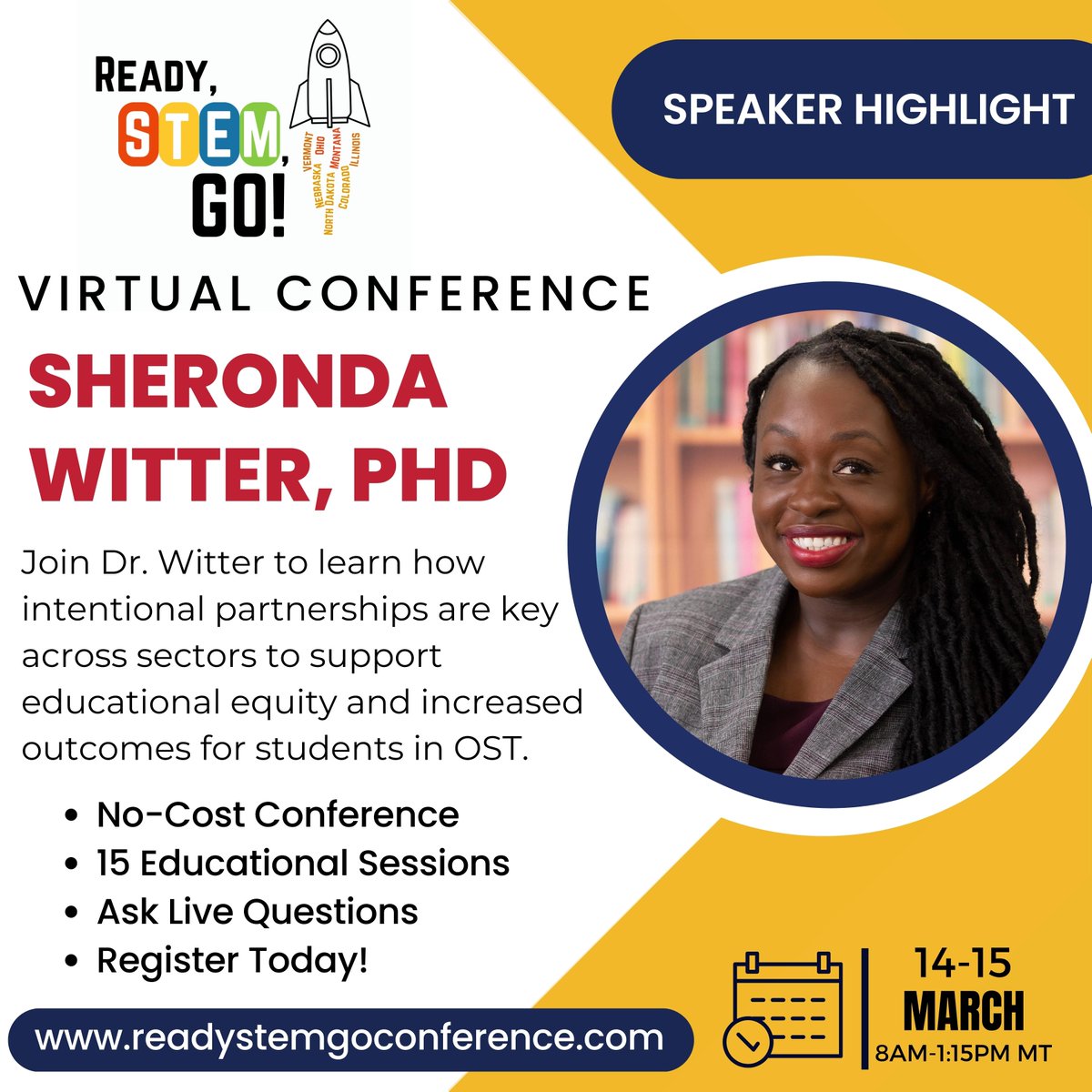 COAfterschool's tweet photo. Join Dr. Witter at the Ready, STEM, Go! Virtual Conference to learn about how intentional partnerships are key to supporting educational equity and increased outcomes for students in #OST. Register at https://t.co/UotI3rgYl3 #STEMeducation #ThisisAfterschool #STEMinafterschool https://t.co/MeSbTHAPL0
