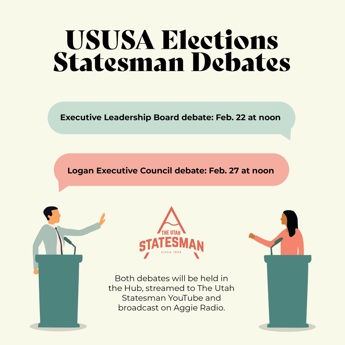 Stop by the Hub today at noon for our <a href="/UtahStateSA/">USU Student Association</a> Executive Leadership Board debate! There will be free pizza for the first 100 people. 🍕

🎥: youtube.com/watch?v=xtOjug…

📻: <a href="/aggieradio/">Aggie Radio 92.3</a>