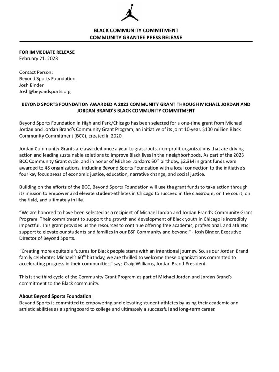 Incredibly grateful for Michael Jordan and the Jordan Brand’s Community Grant Program on awarding <a href="/beyondsportsIL/">Beyond Sports</a> as one of this years Black Community Commitment Grant recipients! Thank you, <a href="/Jumpman23/">Jordan</a> !!