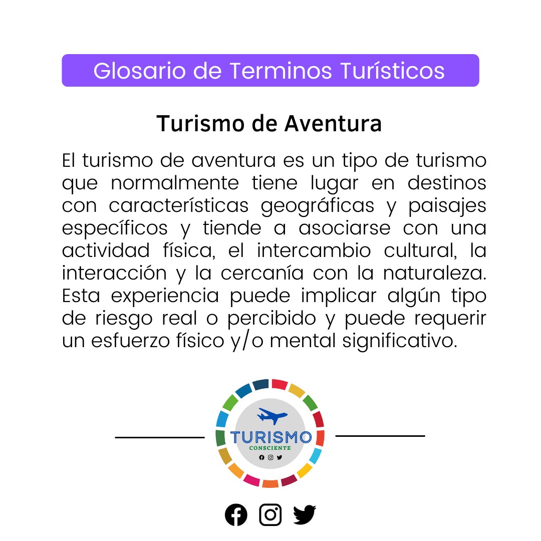 Miércoles de Glosario de términos turísticos.
- Turismo de Aventura -
.
Fuente: Organización Mundial del Turismo ( 2019 ), Definiciones de turismo de la OMT, OMT, Madrid,
DOI: doi.org/10.18111/97892….
.
#TurismodeAventura #GlosarioTurístico #Wordoftheday #TurismoConsciente