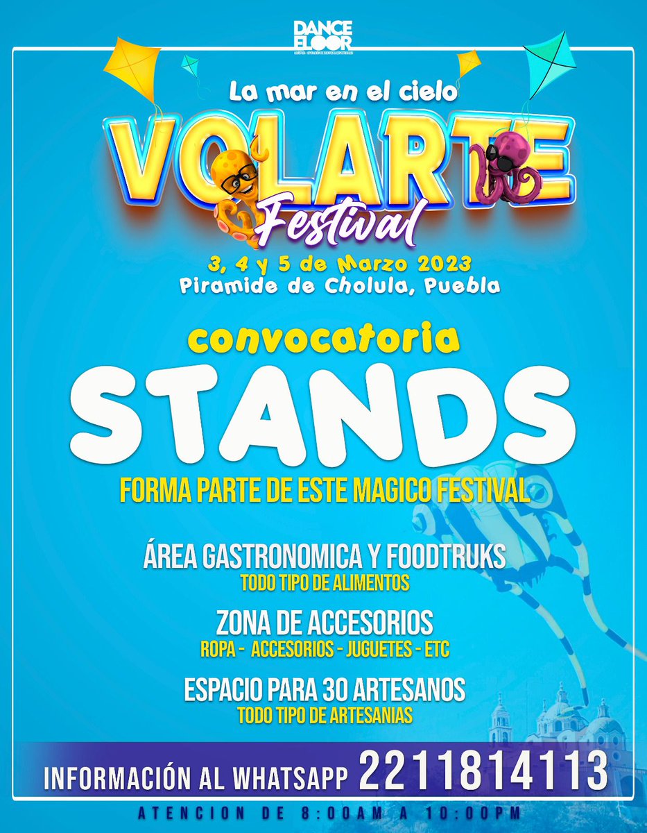 Millennial_pue's tweet image. Forma parte del festival más importante de papalotes de latinoamérica Volarte festival‼️🐬🐙🪁🇲🇽
🪁 CONVOCATORIA FORO ARTÍSTICO  🪁
#VolarteFestival #Papalotes #sanandrescholula #lamarenelcielo