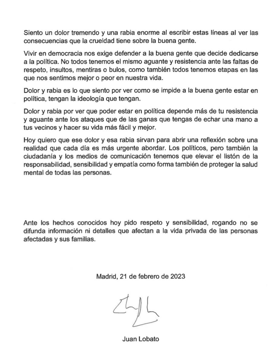 Miguel__Jaime's tweet photo. Una gran reflexión a raíz del intento de suicidio de un alcalde, y muy oportuna, con las elecciones municipales a la vuelta de la esquina.
Lectura muy recomendable, en especial para todas esas personas que se mueven más a gusto en la crítica que en la empatía. https://t.co/VNbGVFgRm1