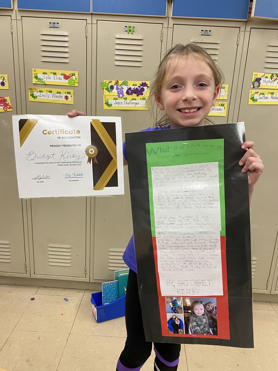 Congratulations to Bridget who was the First Place winner in Second Grade for her very touching Disability Awareness week poster. Proud of her and her kind heart.