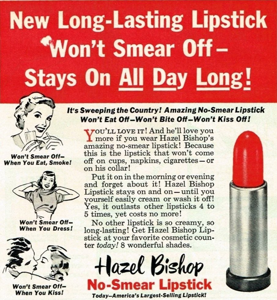saraperarj's tweet photo. Y fue en 1950 cuando la química norteamericana Hazel Bishop creó el primer labial en formato de barra y que no deja manchas al besar. 

En resumen, el origen del pintalabios mate que tanto amamos en la actualidad. https://t.co/sduRIxa0DF