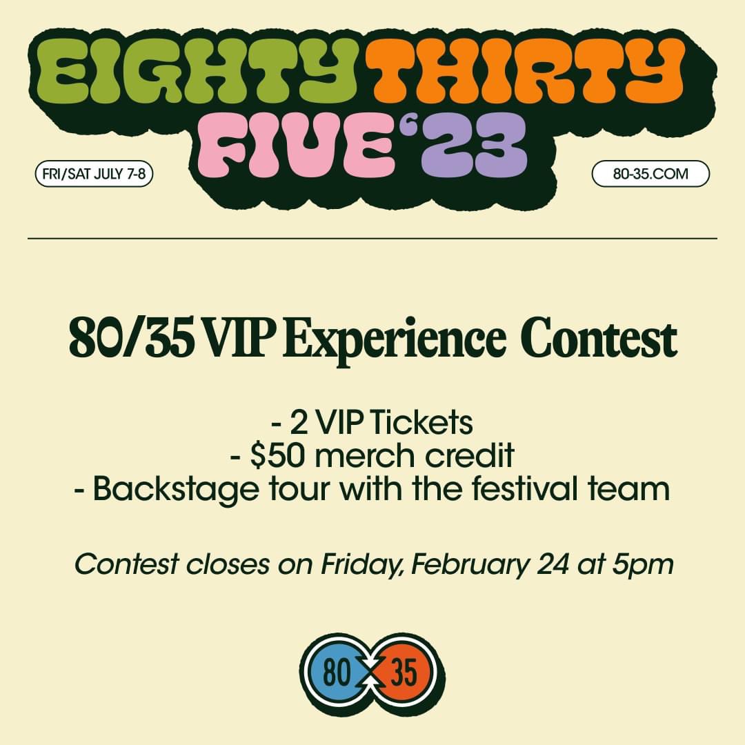 8035's tweet photo. GIVEAWAY TIME ⚡️Enter for your chance to win the ultimate 80/35 VIP experience! 
To be entered, all you need to do is 
👉follow@8035musicfest on Instagram
👉like this post
👉comment who gets your +1 if you win

Winner picked by 5pm CST on Friday, February 24 ✌️ https://t.co/b5pgZi5Joy