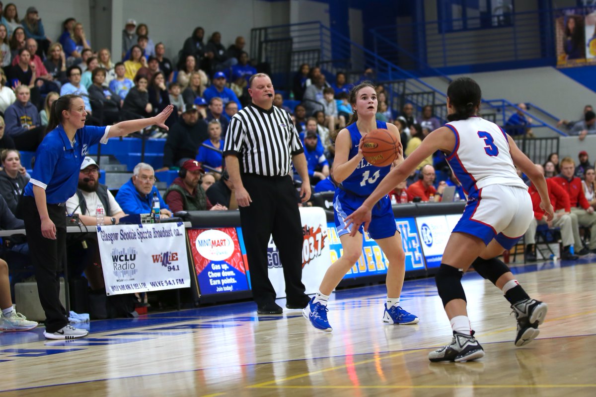 Glasgow eighth-grade guard Kayla Kirkpatrick squares up for a jumper against Allen County-Scottsville during the 15th District semifinals Monday night at Warren East High School. Kirkpatrick collected 11 points and five rebounds in the Lady Scotties’ 53-51 victory.