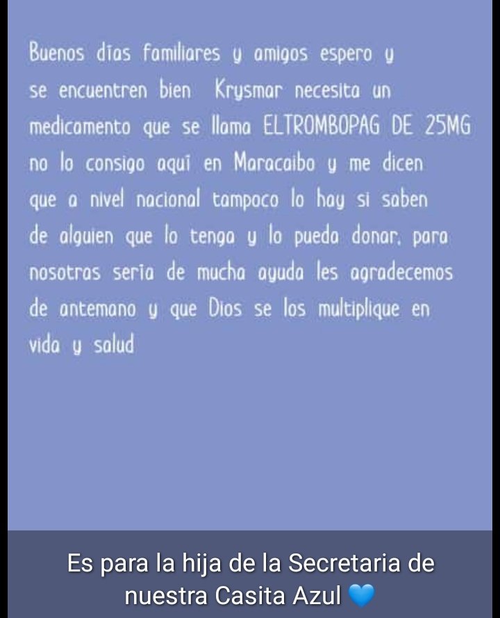 ZoraimaSanchez7's tweet image. Buenas tardes, amigos azules, hagamos que Twitter haga la magia. Es para la niña de lasecretaria del Cole de mi hija, ayudemos con RT a ver si conseguimos el medicamento. Gracias de antemano, Dios les pague 🙏