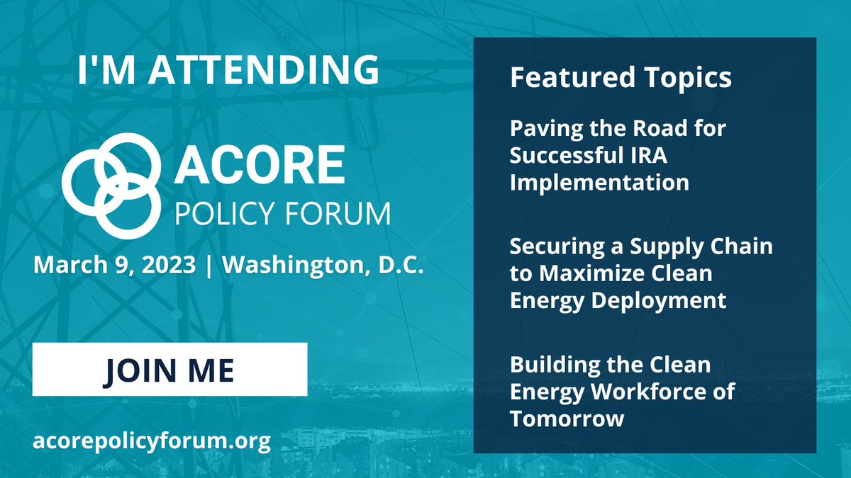 AliDirul's tweet photo. 🎉 I’m attending the 2023 #ACOREPolicyForum! Don't miss this opportunity to join important discussions around ensuring the success of the #IRA and building the #CleanEnergy workforce of tomorrow. 

Secure your spot today: https://t.co/ttPYLAyxDJ https://t.co/SLe0Xaa02q