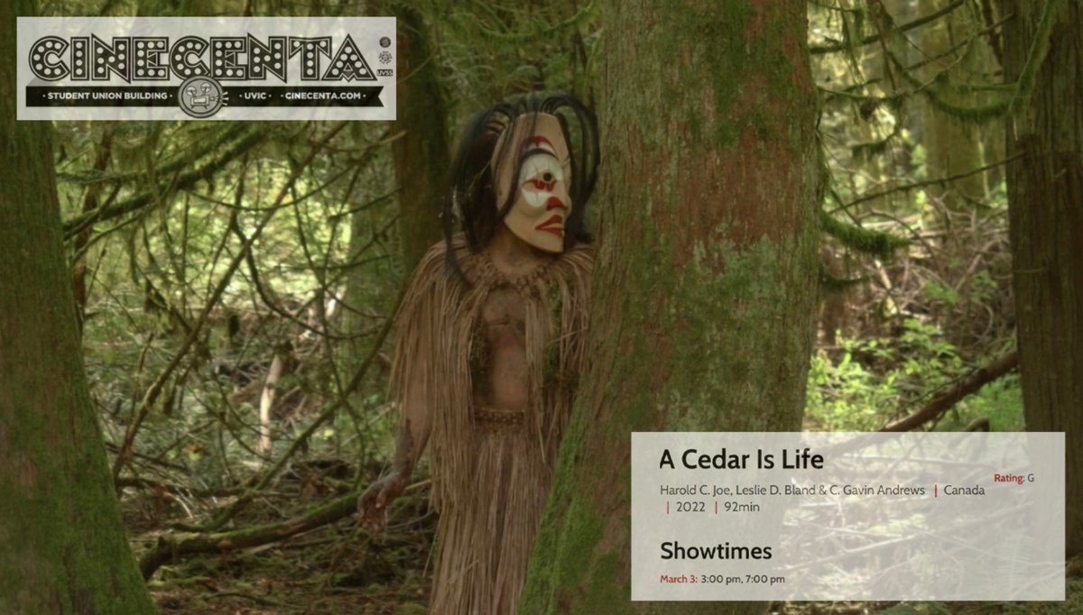 OrcaCoveMedia's tweet photo. A Cedar is Life is screening at UVIC's Cinecenta Theatre on Friday, March 3rd 🍿
Showtimes: 3pm &amp; 7pm 
Tickets: Bought at door up to 40 mins prior to show 

Click the link below for ticket prices and more info: 
https://t.co/H3vDMoAzXg

#ACedarIsLife #UVIC #IndigenousMedia 🌲 https://t.co/j86nSML9m5