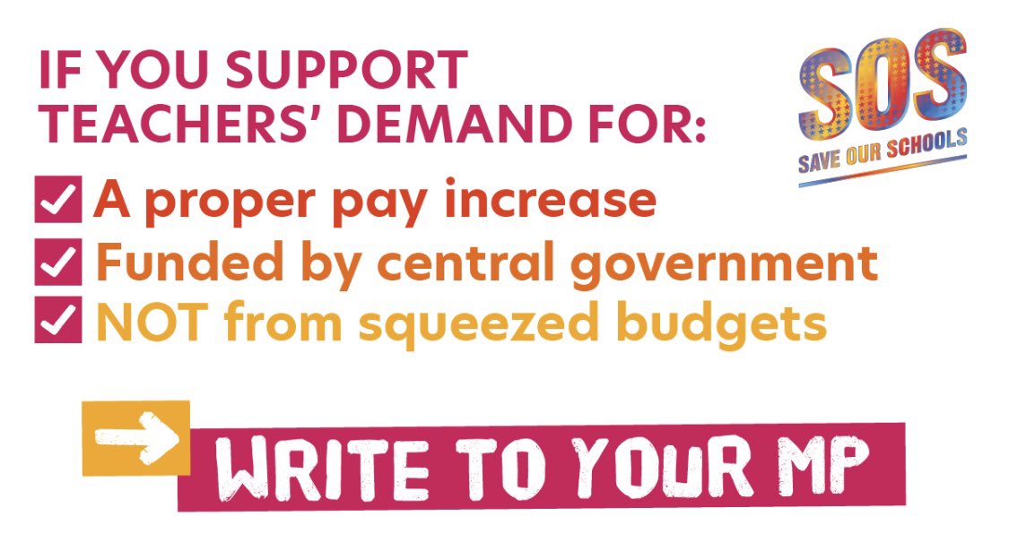 Please tell your MP that you support teachers’ demands for a proper pay increase funded from central government, not from existing squeezed school budgets. Email your MP here: payupsos.com/action
