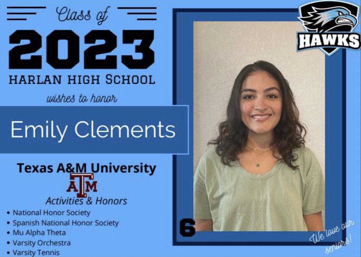 NISDHarlan's tweet photo. Harlan High School is proud to recognize our Class of 2023 TOP TEN!!! Let’s hear it for Emily Clements!!! #HarlanIgnited #TalonsUp https://t.co/UmCh7nQ0rS