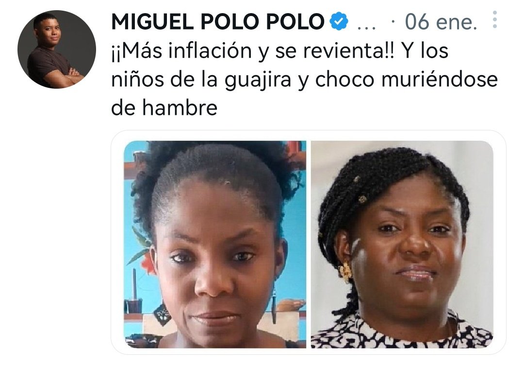 UnNichito's tweet photo. Hasta cuándo Miguel Polo Polo va a mostrar su racismo, su gordofobia, misóginia e incitación al odio a la Vicepresidenta de Colombia, Francia Márquez, poniendo tuits que incitan a atacarla y matonearla, siempre usa sus fotos poniéndola pasada de peso para burlarse...@TwitterLatAm https://t.co/InJXcSfCfC