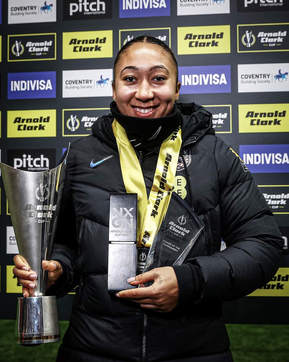 RICHTV21's tweet photo. England's Lauren James has been named player of the tournament in the Arnold Clark Cup 🏆 

Too many trophies to handle 😅 https://t.co/LxW3EiIclc