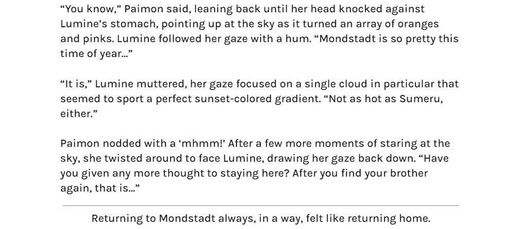 solrising_'s tweet photo. A preview of my fic, 'Homecoming', for @exanimozine ! A short story about Lumine and some of her friends, and what 'home' really means. https://t.co/nietMKdONr