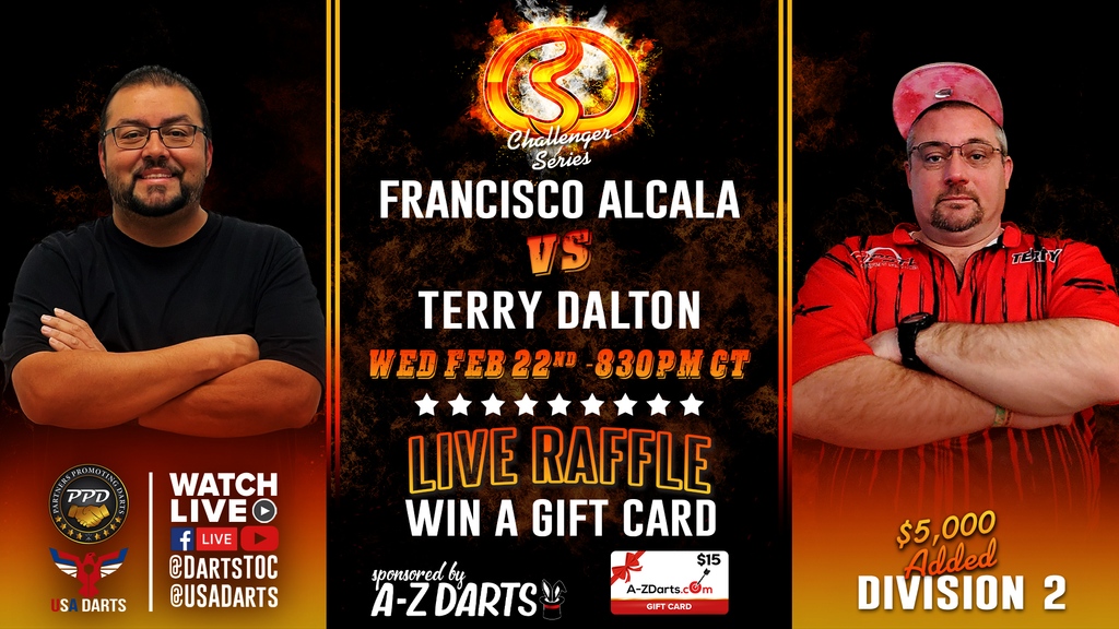 UsaDarts's tweet photo. Tune in TONIGHT for Season 4 CSC Challenger Series Division 2 Premiere as Francisco Kix Alcala and Terry Dalton go head-to-head in a race to 9 cricket wins! 

Join us on our Facebook or YouTube pages!

#CSC #DartsTOC #USAdarts https://t.co/PC0Rjuopzc