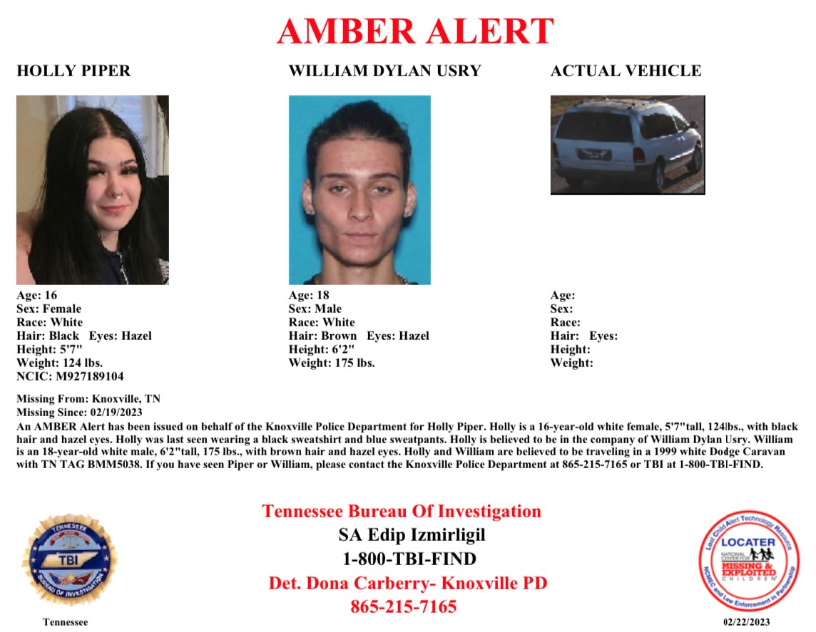 TBInvestigation's tweet photo. @Knoxville_PD Holly Piper and Dylan Usry may be traveling in a white 1999 Dodge Caravan with TN tag BMM-5038, pictured below. The van has rust on the roof. 

If you see them or have info regarding their whereabouts, call @Knoxville_PD at 865-215-7165 or 1-800-TBI-FIND. 2/x #TNAMBERAlert https://t.co/imJqmgz7iP