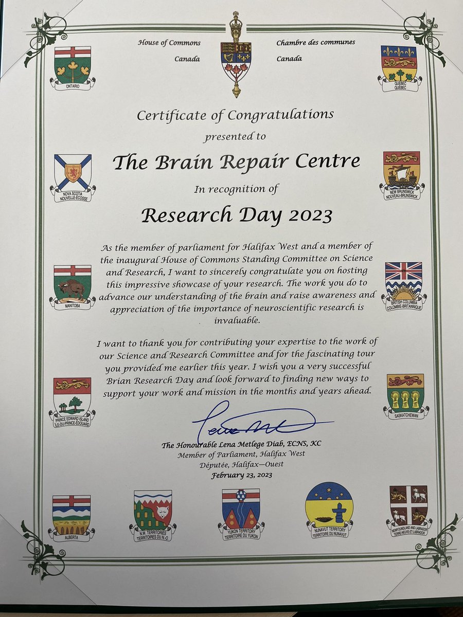 BRCHFX's tweet photo. The BRC Research Day is on tomorrow! We were honoured to receive this certificate from The Hon. @LenaMetlegeDiab, and appreciate the ongoing support. #BRCImpact #neuroscience #research #Halifax @DalPres @DalVPR @DalMedDean https://t.co/tQbWIrN5Bb