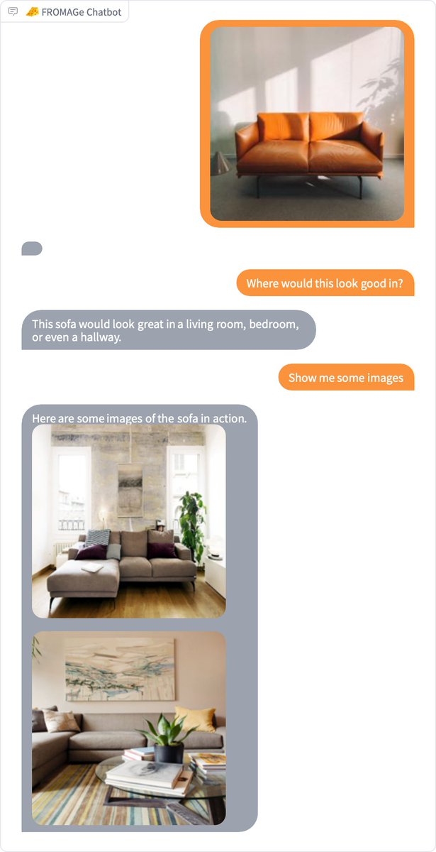 kohjingyu's tweet photo. You can now try out 🧀FROMAGe on HuggingFace Spaces!

FROMAGe is a model that can process image and text inputs to produce image and text outputs.

Try out the demo now: https://t.co/CGoVk9AdFw

Project page: https://t.co/WRgHqfKyho

More cool examples below 🧵👇 https://t.co/dW0QdoPwg6
