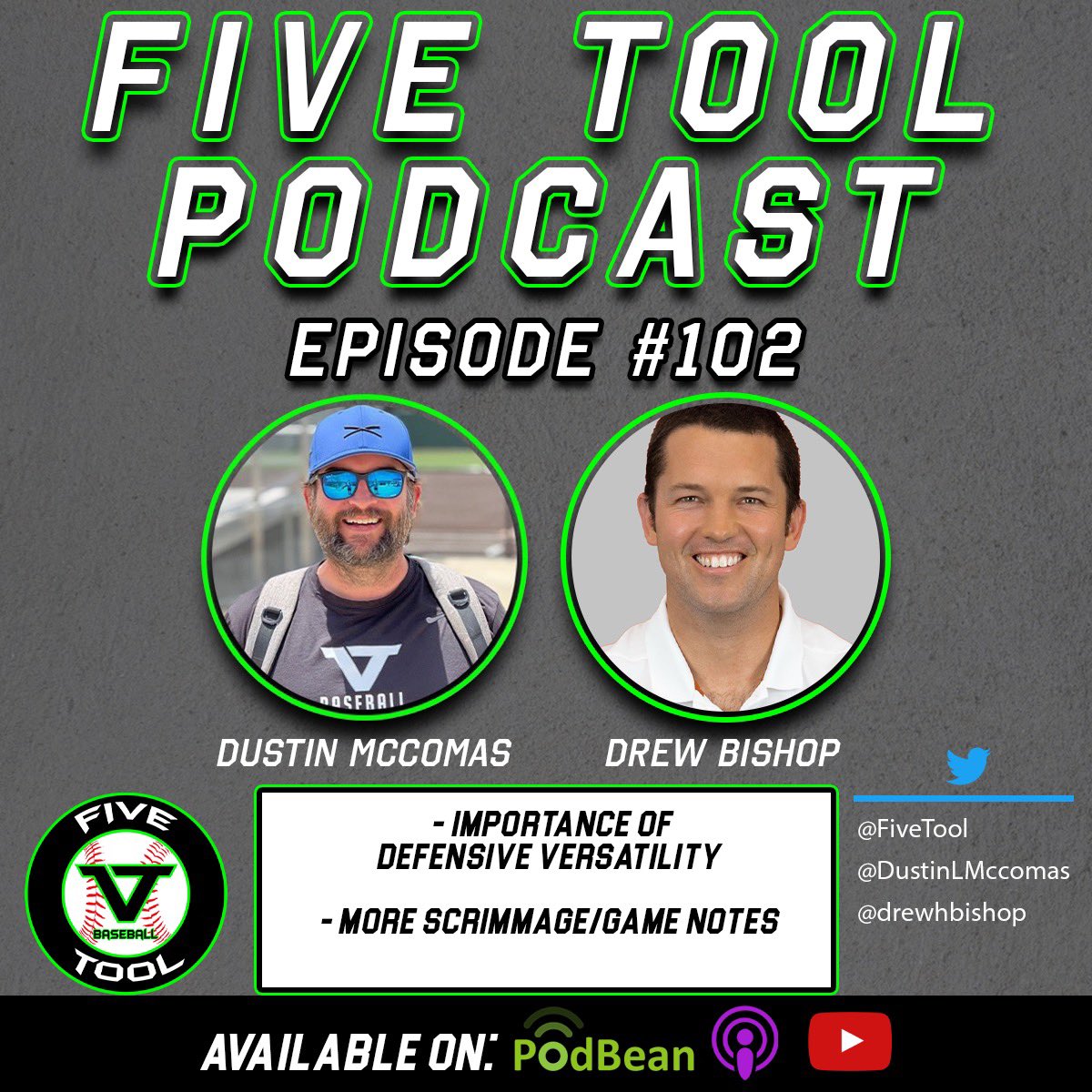 Episode 1️⃣0️⃣2️⃣ of the @FiveTool Podcast

With: @DustinLMcComas & @drewhbishop 

Mentions: @AHoward24_ @AidanColeman_24 @AidenMcNulty1 @aiden_white22 @andrewermis3 + more!

🤔Importance of defensive versatility and more scrimmage/game notes

🎧LISTEN: fivetool.org/podcasts