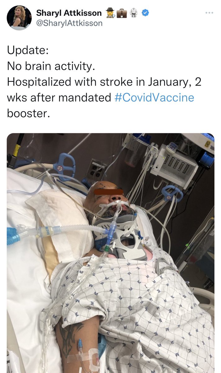 DRitterMD's tweet photo. - Pt has a ventric. Plausible in the case of hemorrhagic stroke, but doesn’t fit anti-vax disinformation. 

- Pt is wearing a cervical collar. Stroke patients don’t need collars.

Sooo a ventric + collar = trauma patient. 

Diagnosis: lazy google search.

No brain activity indeed https://t.co/mI88NSe53M