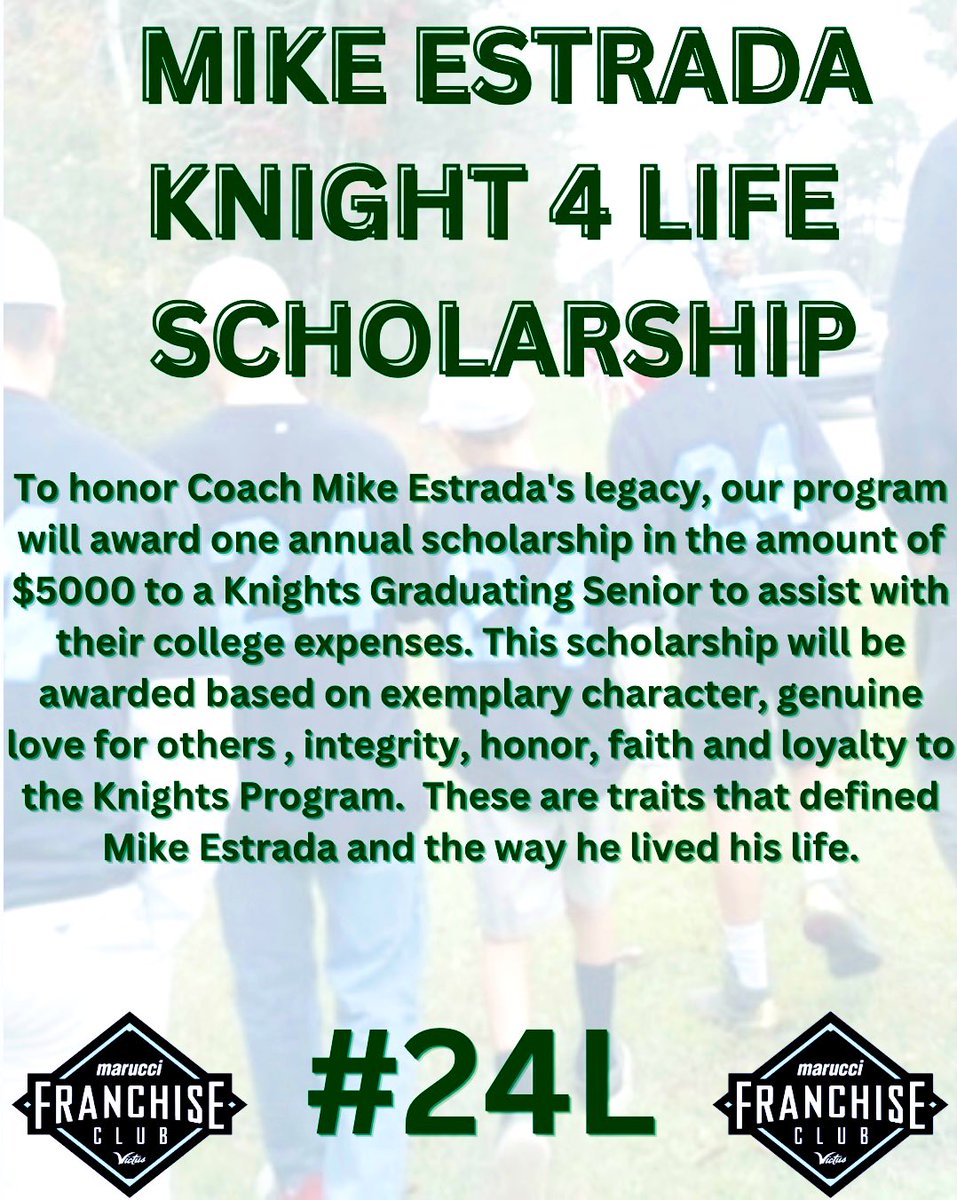 Knights Knation #4L (@knightknation4l) on Twitter photo We are thrilled to announce the establishment of the Mike Estrada Knight 4 Life Scholarship which will be an annual award to one Knights Graduating Senior who exemplifies many of the traits that defined Coach Mike. His legacy will live on forever within Knights Knation 🙏🏻 #24L We are thrilled to announce the establishment of the Mike Estrada Knight 4 Life Scholarship which will be an annual award to one Knights Graduating Senior who exemplifies many of the traits that defined Coach Mike. His legacy will live on forever within Knights Knation 🙏🏻 #24L