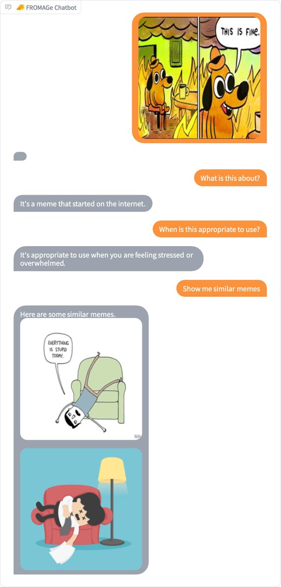 kohjingyu's tweet photo. You can now try out 🧀FROMAGe on HuggingFace Spaces!

FROMAGe is a model that can process image and text inputs to produce image and text outputs.

Try out the demo now: https://t.co/CGoVk9AdFw

Project page: https://t.co/WRgHqfKyho

More cool examples below 🧵👇 https://t.co/dW0QdoPwg6