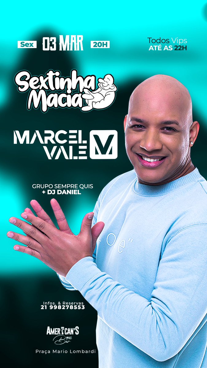 O primeiro Show no American’s Bar, Marcel Vale ex Pra Valer dia (03/03), Para começar o ano do jeito certo! 🇺🇸💙

Reservas e informações: 99827-8553