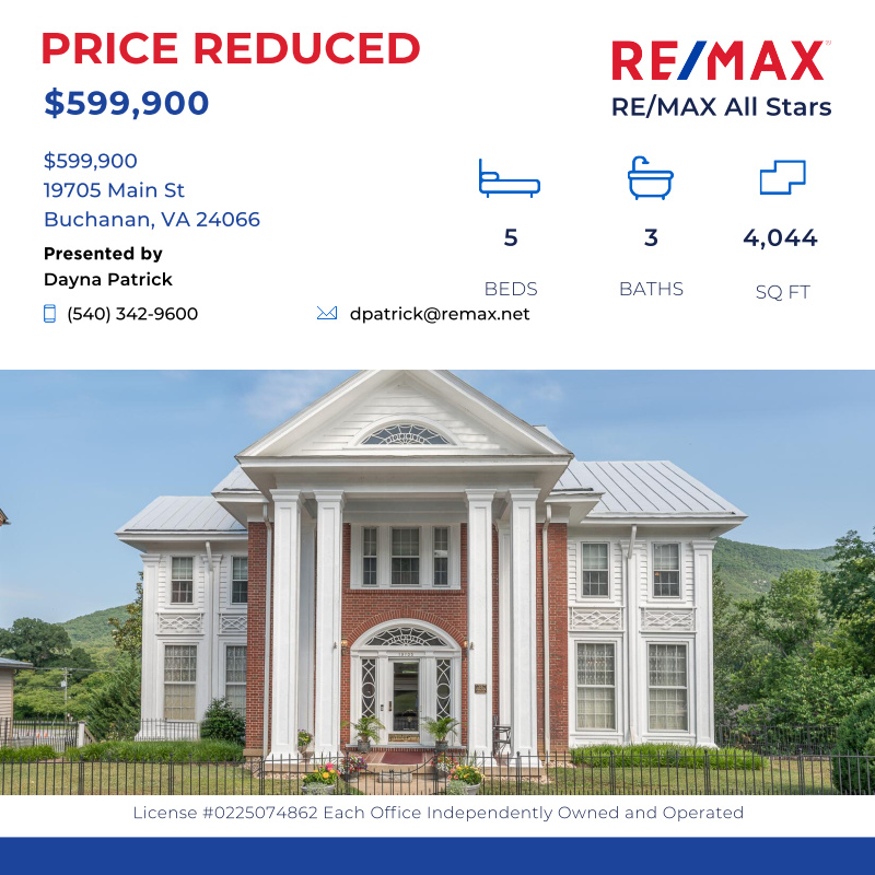 PatrickTeam's tweet image. This Magnificent Federal Revival style home, located in historic downtown Buchanan, VA, near the James River is a rare treasure, offering th...

Click here for details:
PatrickTeamHomes.com