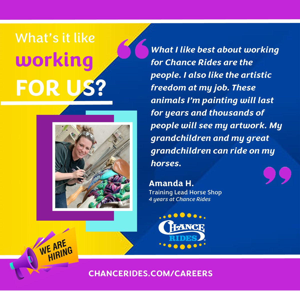 Wonder what it's like to work for the world's largest amusement rides manufacturer? Ask Amanda!
#HIRINGNOW #wichitaks #HiringAlert 
chancerides.com/careers/