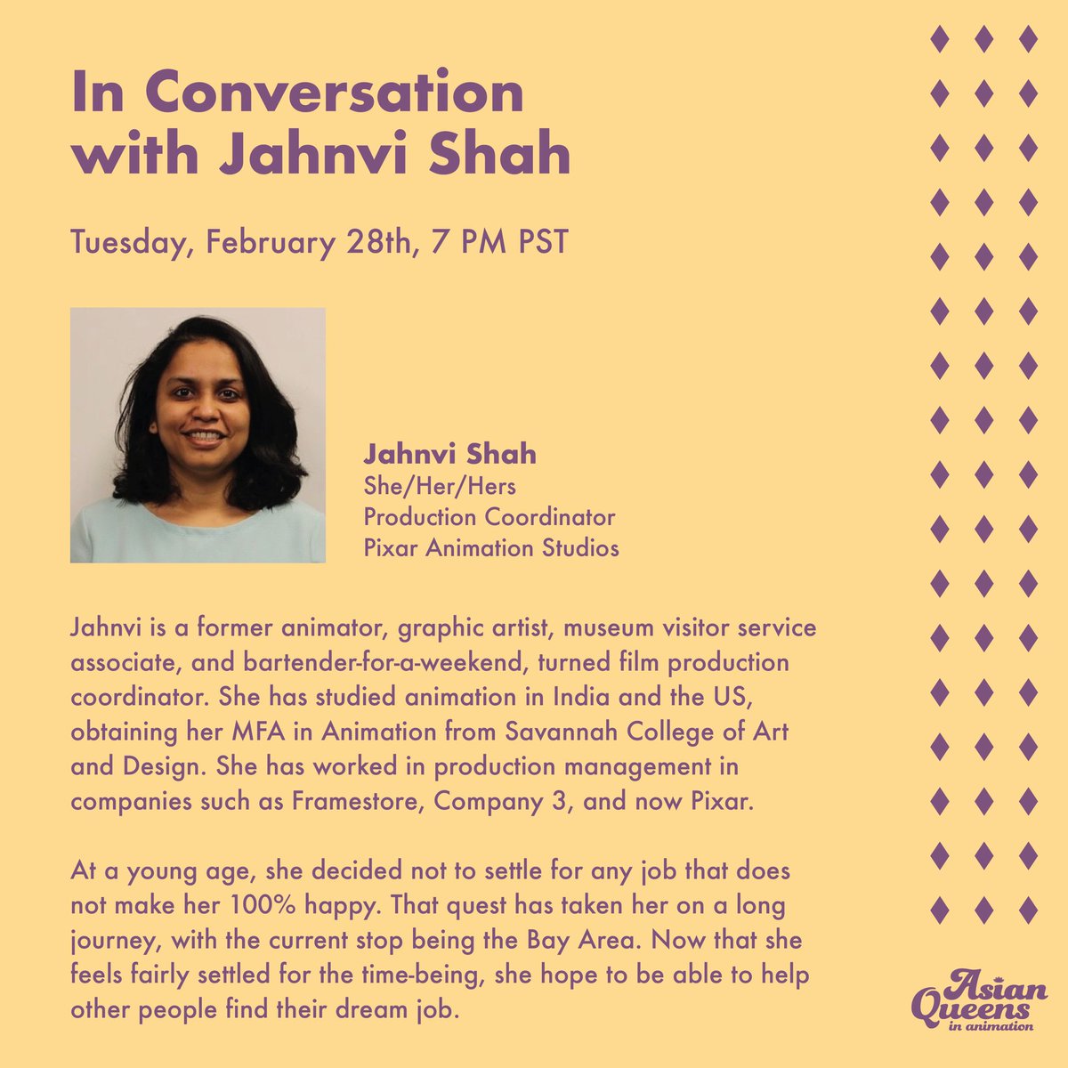 AsianQueensAnim's tweet photo. Hey there Queens! Join us for an "Ask Me Anything", with Jahnvi Shah to learn about her journey into the industry and what she does as a Production Coordinator at @Pixar
Link to register in our bio! See you there!
#aqia #asianqueens #asianpanel #panel #animation #animationpanel https://t.co/QaBD8R4b5g