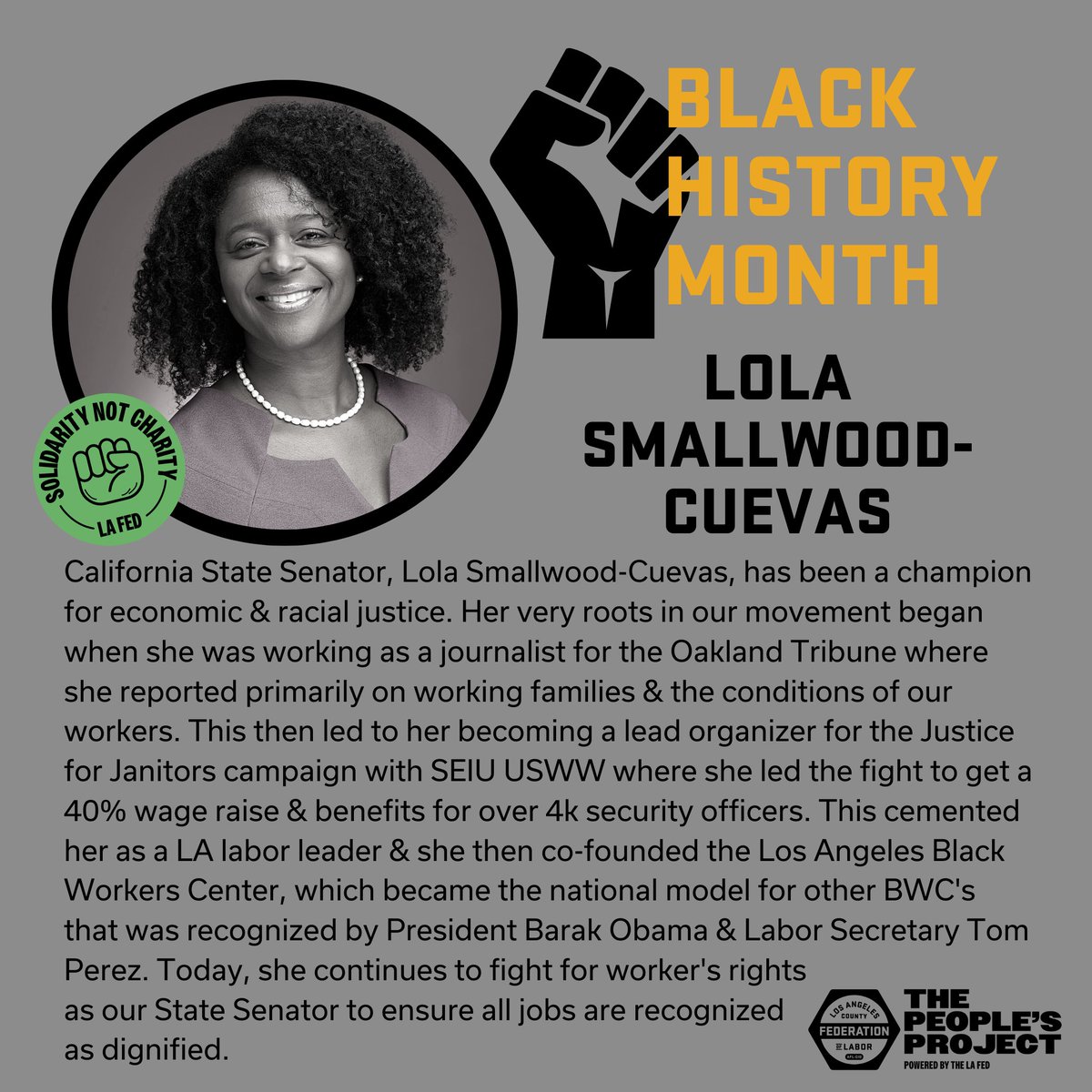 Senator Lola Smallwood-Cuevas began her career in Labor &amp; always has working families top of mind. Before her role as Senator, she was a lead organizer w/ <a href="/SEIUUSWW/">SEIU USWW</a> &amp; co-founded the <a href="/BlackWkrCenter/">Los Angeles Black Worker Center</a>. ✊🏿 ✊🏾 ✊🏽 Learn more @ bit.ly/3XS9UEP #BHM