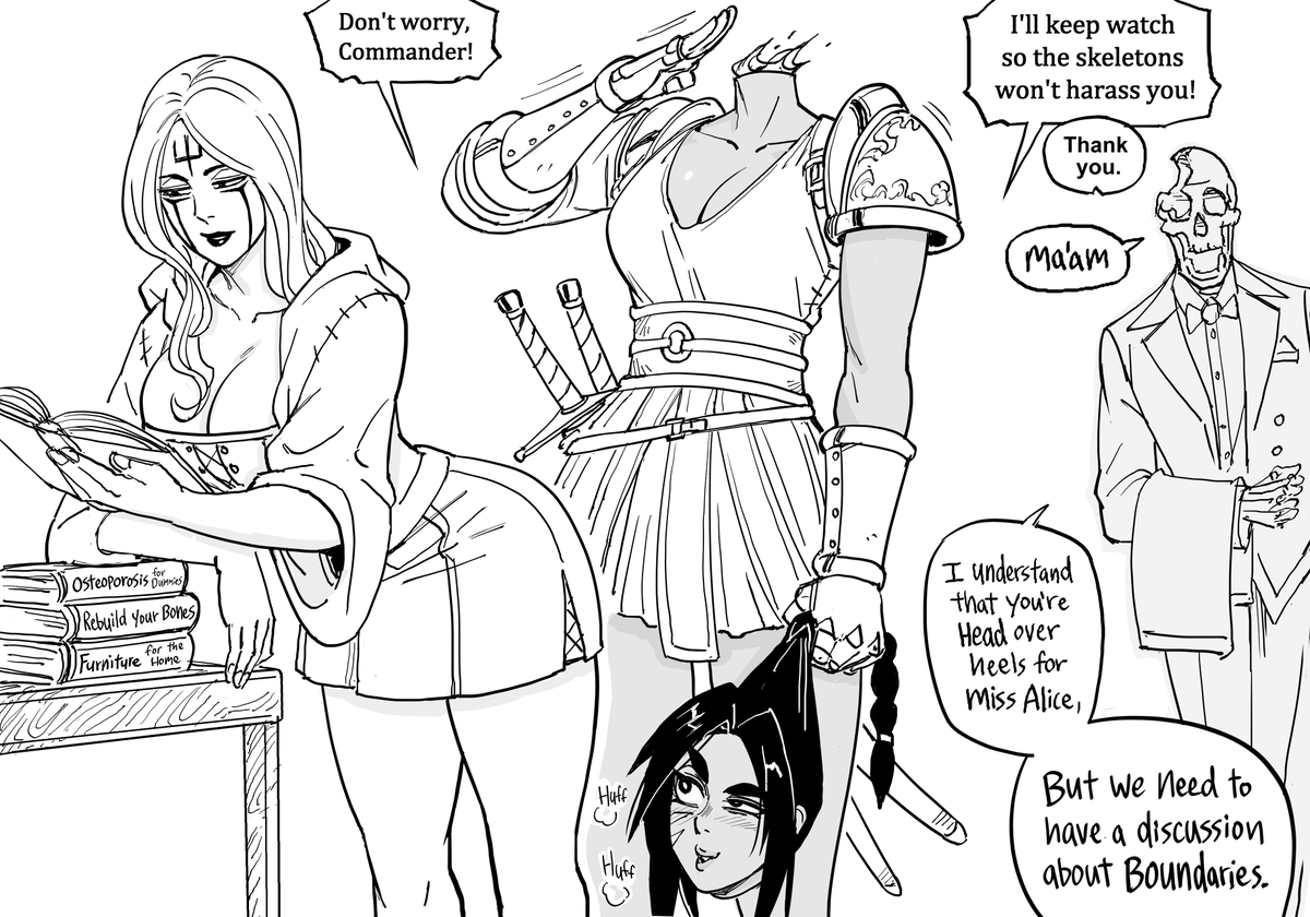 Patreon request: More Necromancer Alice and skeleton shenanigans. 
It's actually been a year since I drew her, damn.

(The Lich Emperor personally head-hunted the Dullahan for the job position.)