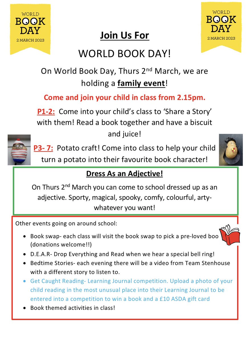 StenhousePS's tweet photo. We’re inviting you in! Our world book day family event is a week on Thursday at 2.15pm 📚 https://t.co/sOhiGFcKSd