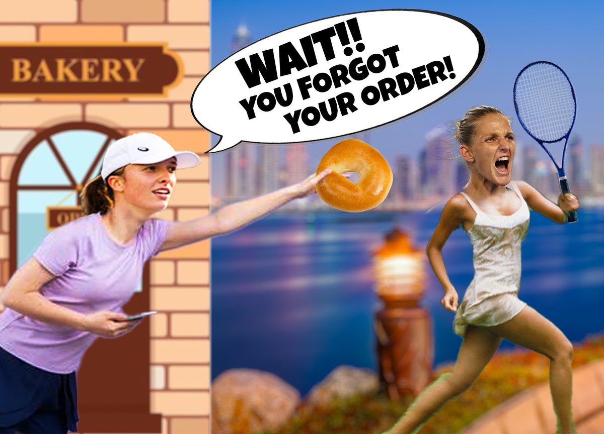 GTLTennis's tweet photo. Pliskova leaves Dubai and refuses the standard Swiatek order due to her ‘viral illness’. I’m sure Iga’s Bakery will have some more customers soon 🥯🥯 https://t.co/DKtegtJl2Y