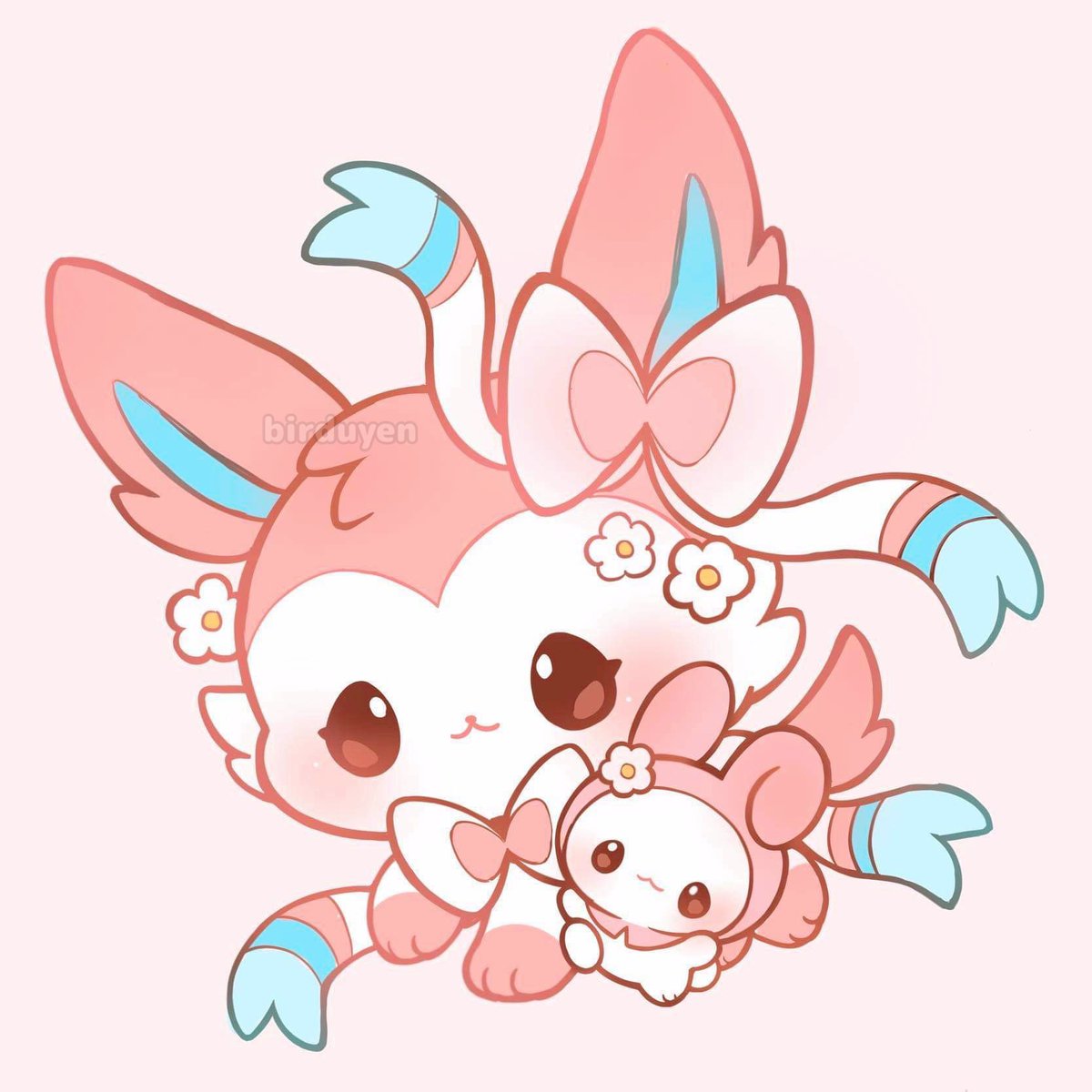 sylveon no humans pokemon (creature) flower closed mouth simple background blush bow  illustration images