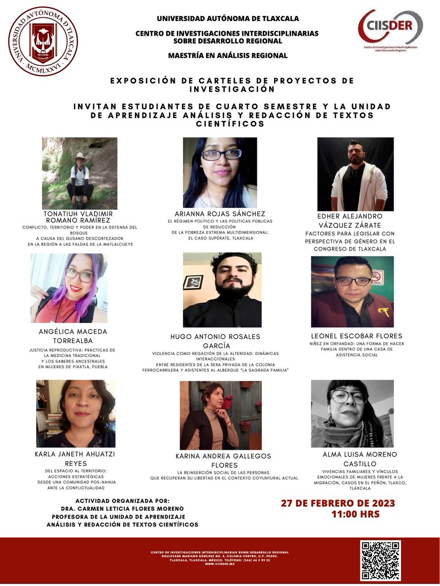 Invitación a la exposición de carteles de proyectos de investigación de las y los estudiantes del cuarto semestre de la Maestría en Análisis Regional, 27 de febrero a las 11:00 hrs. Patio del CIISDER UATx.
#somosciisder #somosuatx